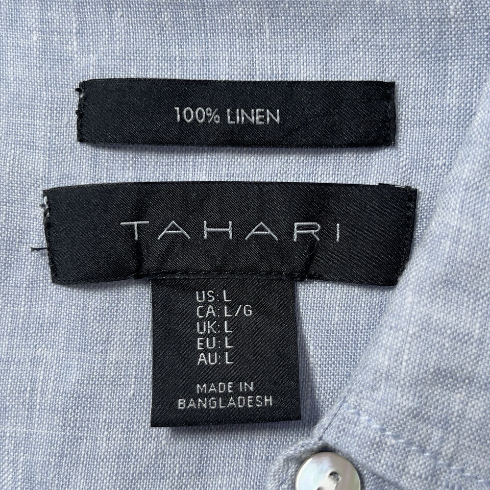 Tahari 100% Linen Tunic Shirt Womens Sz L Blue Roll Tab Sleeves Relaxed - Picture 8 of 12